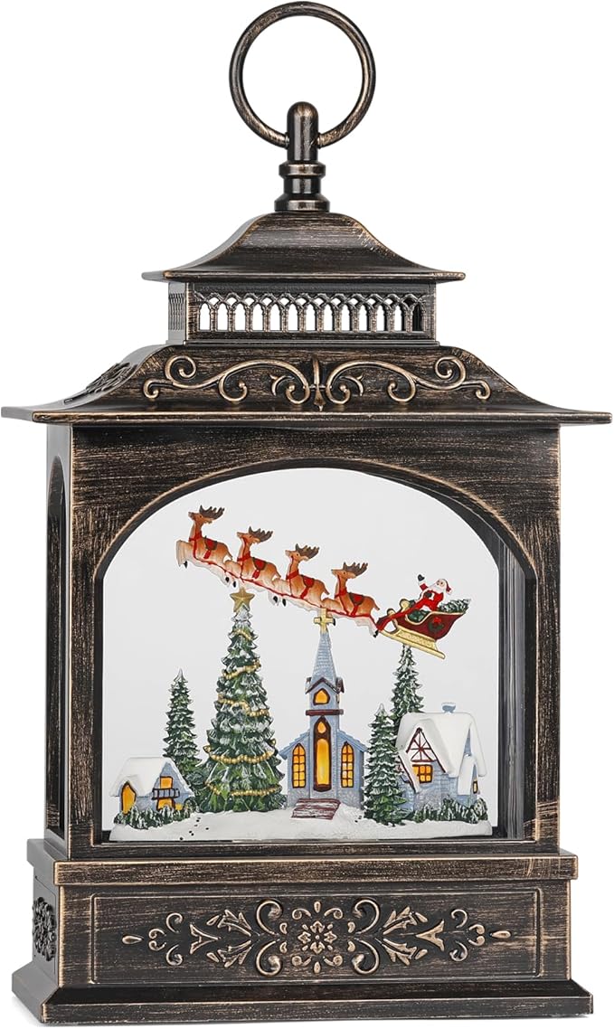 6H Timer Lighted Snow Globe with Music, Swirling Glitter Christmas Lantern, Thanksgiving Decor, Table Party Decorations (Reindeer, Santa Claus and Church)