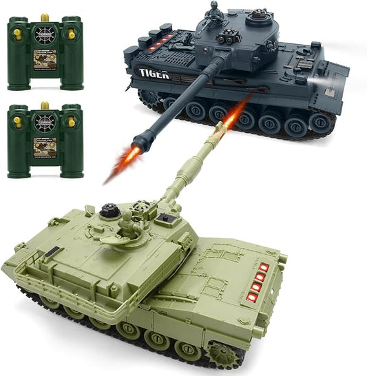1/28 RC Battle Tank Set Remote Control M1A2 American&WW2 German Tiger Tank, 2.4G 9 Channels Radio Control Army Vehicles That Infrared Shoot, w/Sounds,Lights,Life Indicators, Model Toy Car for Kids