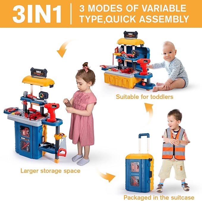 3-in-1 Kids & Toddler Tool Bench with Working Electric Drill - Realistic Construction Toys Learning Set for Ages 2-6, Interactive Workshop Playset for Birthday & Christmas