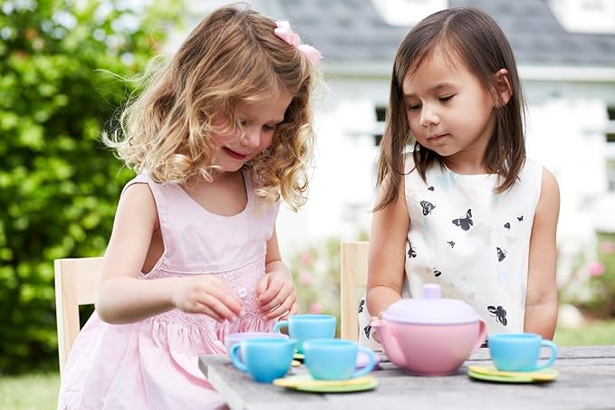 Green Toys Tea Set, Pink 4C - 17 Piece Pretend Play, Motor Skills, Language & Communication Kids Role Play Toy. No BPA, phthalates, PVC. Dishwasher Safe, Recycled Plastic, Made in USA.