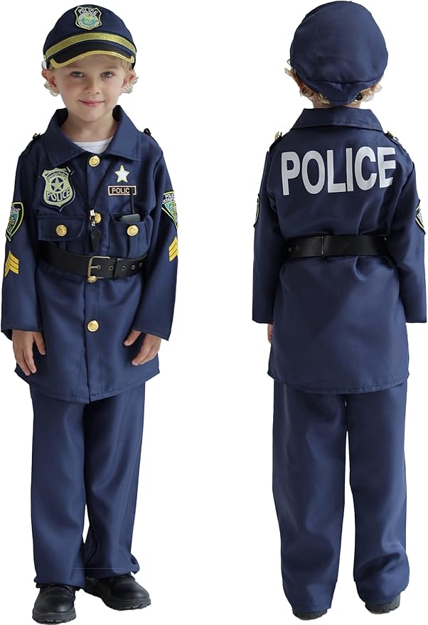 Police Officer Costume for Kids, Cop Toys with Policeman Uniform, Hat, Whistle, Toddler Dress Up for Christmas Party, Boys Girls Birthday Gift