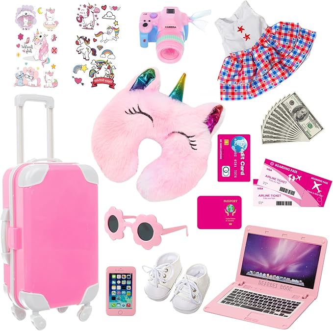 ZQDOLL American 18 inch Doll Clothes and Accessories - Travel Suitcase Play Set Including Suitcase Clothes, Shoes, Sunglasses, Camera, Unicorn Pillow, for 18 inch Doll(No Dolls)