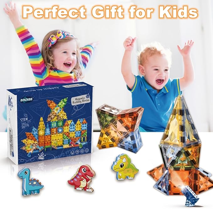 BINZKBB Magnetic Tiles Building Blocks,Lighted 3D Clear Educational STEM Construction Set,Preschool Sensory Magnet Dinosaur Creativity Toys for Kids Age 3 4 5 6 8+ Years Old Girls Boys Toddlers