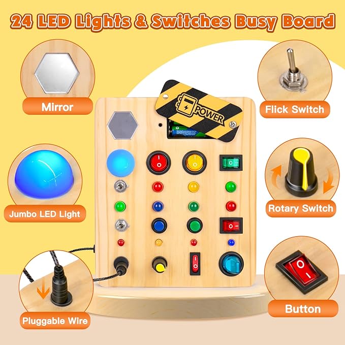 Busy Board Montessori Toys for Toddler, Wooden Sensory Board Switch Toy with Shape Sorter LED Light Up Toys Educational Plane Travel Activity for Girls & Boys