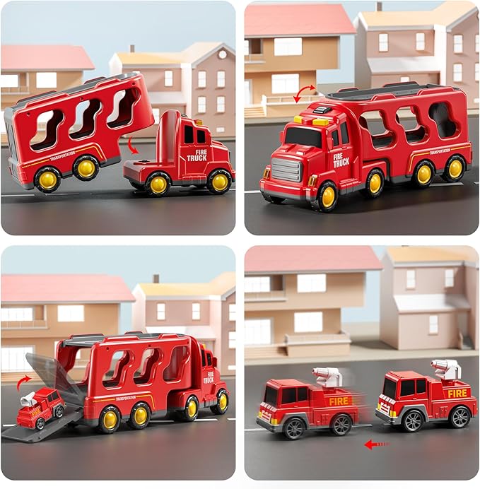 Truck Toys for 3 4 5 6 Years Old Boys, Toddler Car Toys for Toddler Boys Ages 3-5, Fire Toys Car Carrier Vehicle Toy Set, Kids Toys Truck Set for Age 3-9