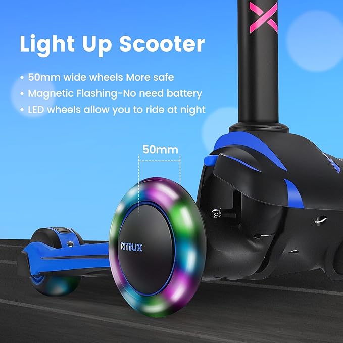 TONBUX Kids Scooter for Age 3-12, Toddler Scooter with 4 Adjustable Heights, Light Up 3-Wheels Scooter, Shock Absorption Design, Lean to Steer, Balance Training Scooter for Kids