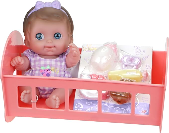 JC Toys Lil Cutesies 9" All Vinyl Baby Doll Bed Time Gift Set | Posable and Washable | Removable Outfit | Rocking Crib and Bed Time Accessories Ages 2+
