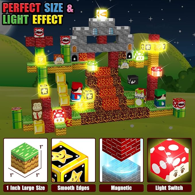 200PCS Magnetic Blocks Building Toys, 1" Light Up Building Blocks Magnet Cubes Tiles for Toddlers Boys Girls 3+, Build Game Adventure Scenes STEM Sensory Construction Toys