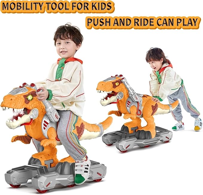 Dinosaur Ride-On Scooter for Toddlers – Electric Push & Ride Foot-to-Floor Sliding Rideable Toy with Music, Lights, Mist Spray for Boys & Girls - Orange (Orange)