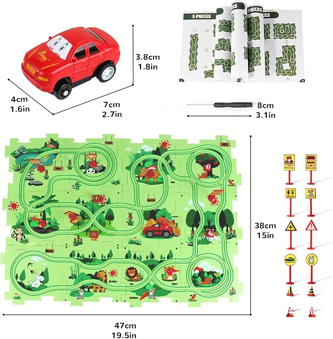 Puzzle Track Car Play Set, Plastic Puzzles for Kids with Vehicles, Railcar Puzzle, Car Tracks for Toddlers, Toys Gifts for 2 3 4 5 6 Year Old Boys, Toddler Boy Toys 2-3