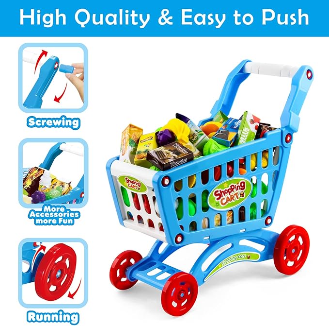 deAO Kids Shopping Cart Trolley Play Set Includes Over 70 Grocery Food Fruit Vegetables Shop Accessories Play Food Role Play Educational Toy (Blue)