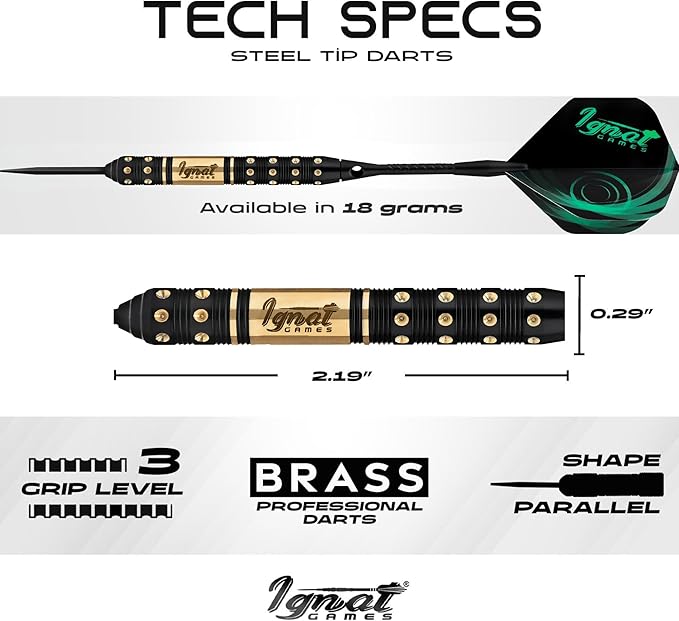 IgnatGames Steel Tip Darts Set - 3/6/12 Pack Brass Darts Metal Tip Set with Exquisite Case - Aluminum Shafts, 2 Sets of Flights, Dart Tool & Sharpener