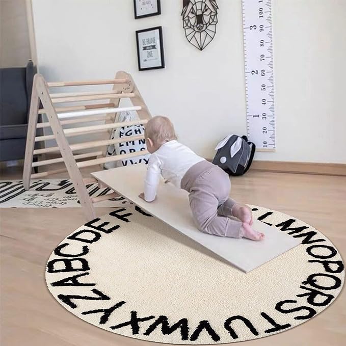 blue page ABC Kids Rug Alphabet Educational Area Rugs for Infant Toddlers - Soft Playtime Collection, Home Decor Teepee Tent Round Play Mat, Best Shower Gift (59", White Black)