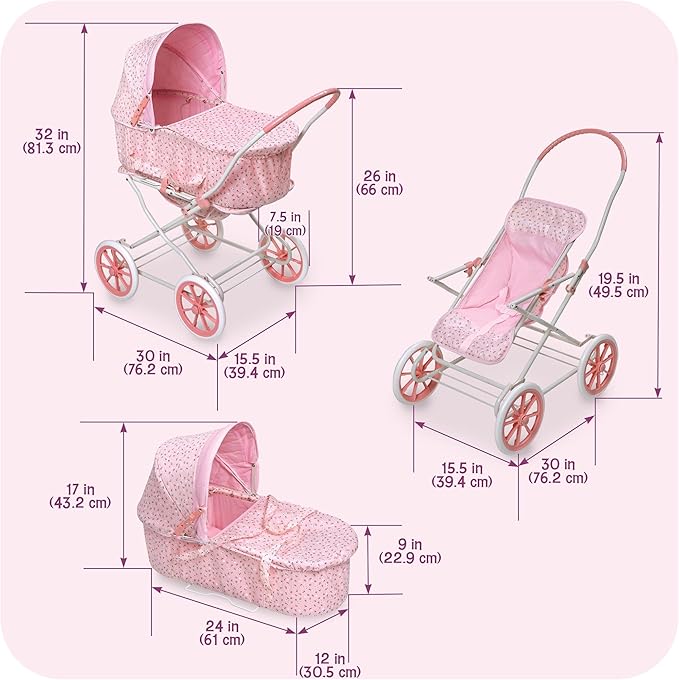 Badger Basket Just Like Mommy 3-in-1 Convertible Doll Pram, Carrier & Stroller - Pink Rosebud - Fits 18 to 22-Inch Dolls