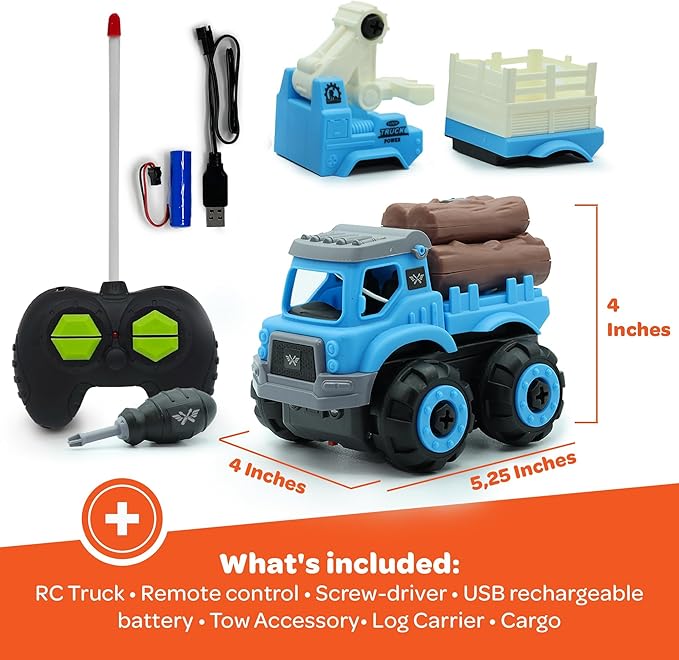 3-in-1 Build N Drive RC Truck - Take Apart Toy Building Kit for Boys - 20pc STEM Set, Car Building Toys for Kids 3-6 - Tow, Log Carrier and Cargo Trucks