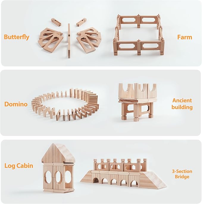 Wooden Building Blocks Set,48Pcs Construction Toys, Large-Bridge Set,Birdhouses, Castles, Dominoes and Other Open Stacking Blocks,Montessori Toys for Toddler 1-3 with Parent-Child Cards