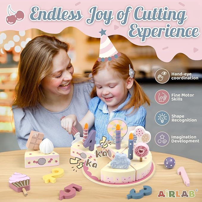 Wooden Birthday Party Cake Play Food Sets for Kids Kitchen Accessories Pretend Toy Toddlers 1-3 Party Gift Boys Girls Educational Toys