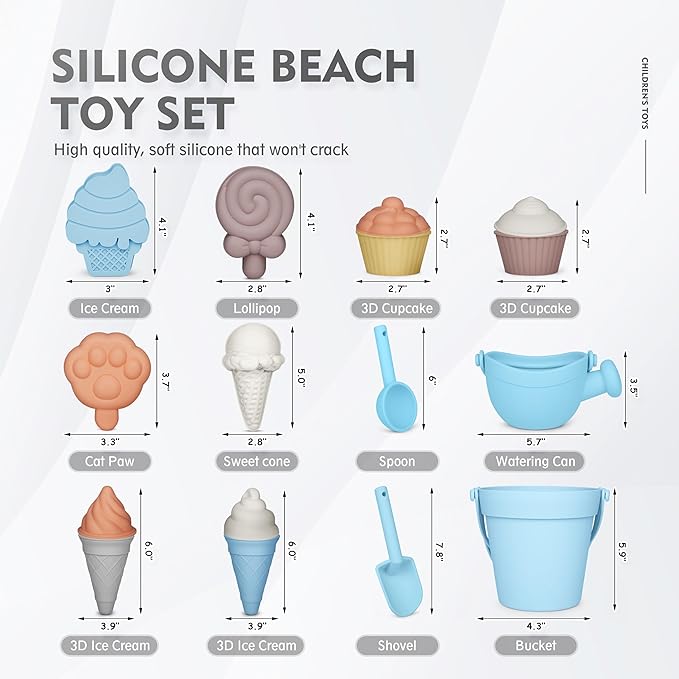 MarcZero 17Pcs Silicone Beach Toys,Modern Baby Beach Toys,Travel Friendly Beach Set,Silicone Bucket, Watering Can, Shovel, 12 Sand Molds, Beach Bag,Silicone Sand Toys for Toddlers, Kids (Light Blue)