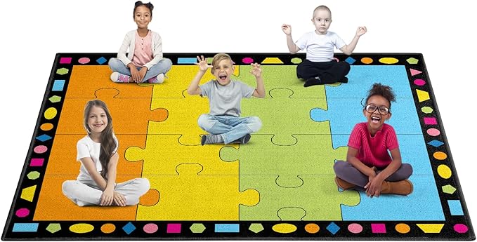 Booooom Jackson Elementary Classroom Rug - 16 Seats Carpet 6'5"x8'5" (260x200cm) - Colorful Puzzle Seating With Non-Slip Backing for Preschool and School Kids