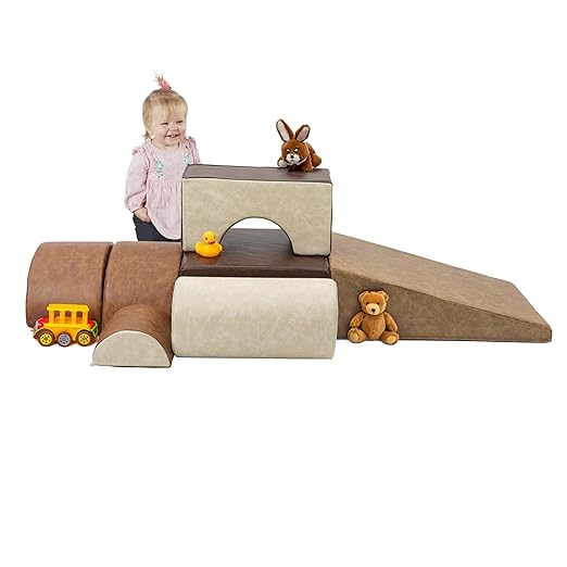 FDP Rustic Kid Playtime and Climb Soft Foam Playset for Infants, Toddlers 10m-2yrs; Climber and Block Play, Learn Gross Motor Skills at Home or Daycare (6-Piece) - Distressed Assorted, 12364-DA