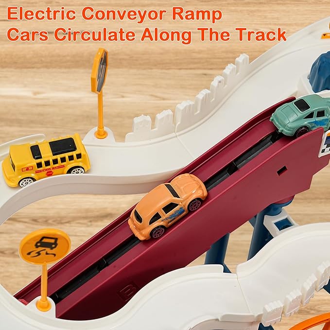 Toy Car Ramp Track, Climbing Hills Railcar Colorful Vehicles Construction Play Set with 12 Mini Racer Cars for Kids 3+(Dinosaur)