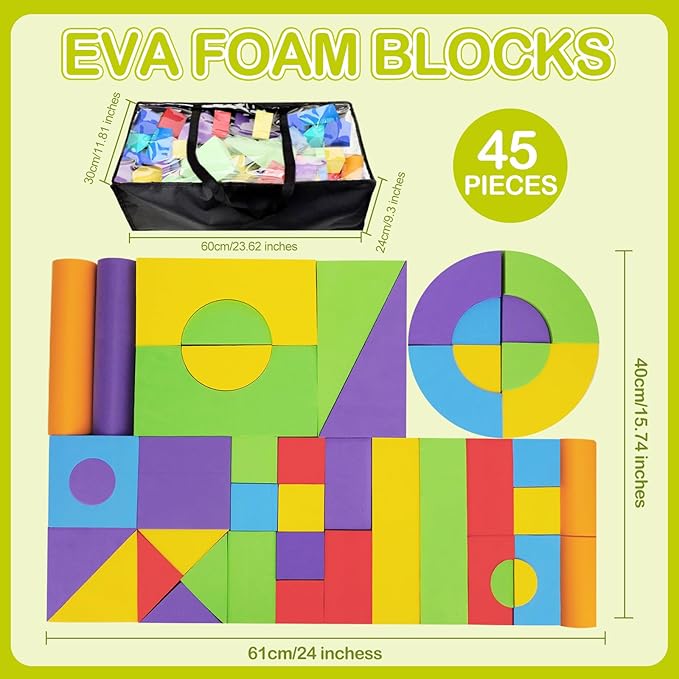 45PCS Large Foam Blocks EVA Soft Stacking Foam Building Blocks Jumbo for Kid Toddlers 3-5, Great Construction Preschool Toy with Shapes & Color Learning for Home School Education Play