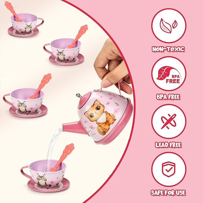 Cat Tea Party Set for Little Girls - 19pcs Pretend Play Toy, Birthday Gift for Toddlers Ages 3 4 5 6 Year Old, Includes Kitten Tin Tea Set, and Carrying Case - Ideal Stocking Stuffers for Kids