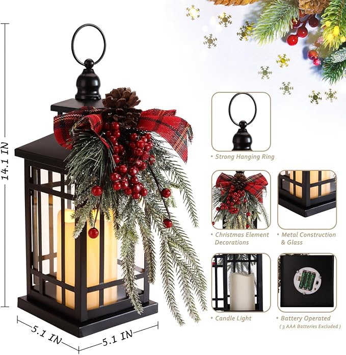 Christmas Decorations Outdoor Hanging Lanterns Holiday Decorative Lantern LED Candle Lantern Decorative Indoor & Outdoor, Christmas Decorations for Patio Front Porch Table Decor,Christmas Gifts