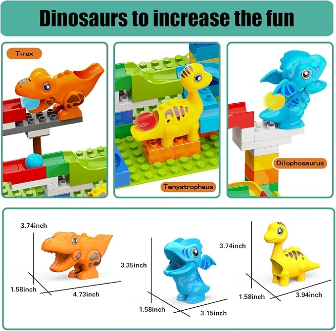 Building Blocks for Kids Toddlers 3 4 5 6 7 8+ Year Old, 128-piece Large Classic Building Bricks, Dinosaur Marble Run with 2 Baseplate for Boys Girls All Ages, Compatible with All Major Brands