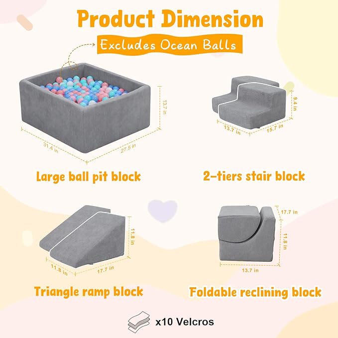 Baby Climbing Blocks with Ball Pit,6PCS Foam Climbing Toys for toddlers 1-3 Inside,Soft Crawl & Climb Activity Play Set Indoor,Modular Structure Washable Play Equipment,Gray(Balls Not Included)