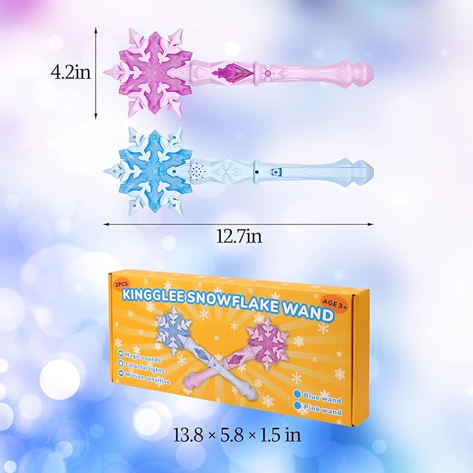 KingGlee Light Up Frozen Snowflake Wand with Sound(Motion Sensitive) Magic Toy for Kids Girls Princess Party Favors Costume Cosplay Accessories 2 Pieces Blue & Pink