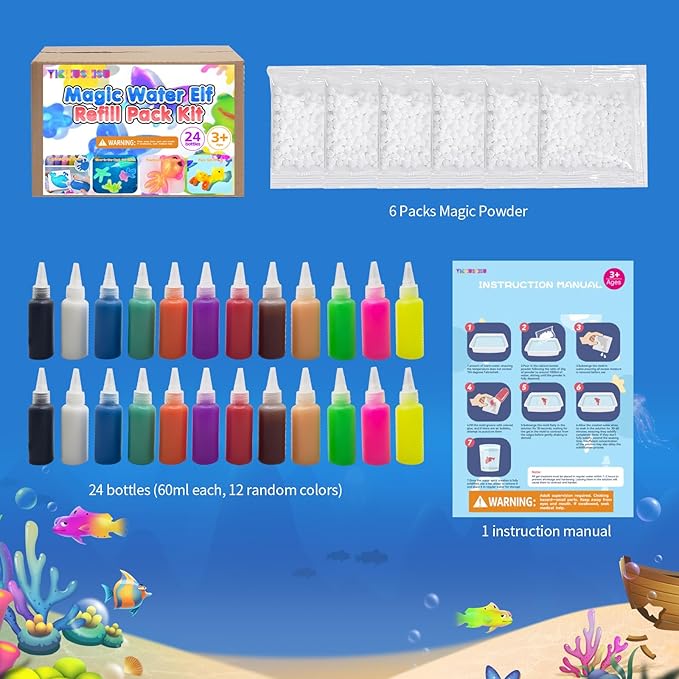 Water Gel Pets Kit Refill | Aqua Fairy Gel Refill | Magic Water Elf Toy Kit & Squishy Water Kit | DIY Squishy Maker Kit | Aqua Pets(24 Bottles,12 Pure Color Water Fairy Gel+6 Packs Magic Powder)
