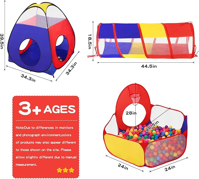 3 in 1 Kids Play Tent for Toddler with Baby Ball Pit and Play Tunnel, Children Indoor Outdoor Playhouse with Climbing Tunnel Toy for Toddlers, Boys and Girls Best Birthday Gifts