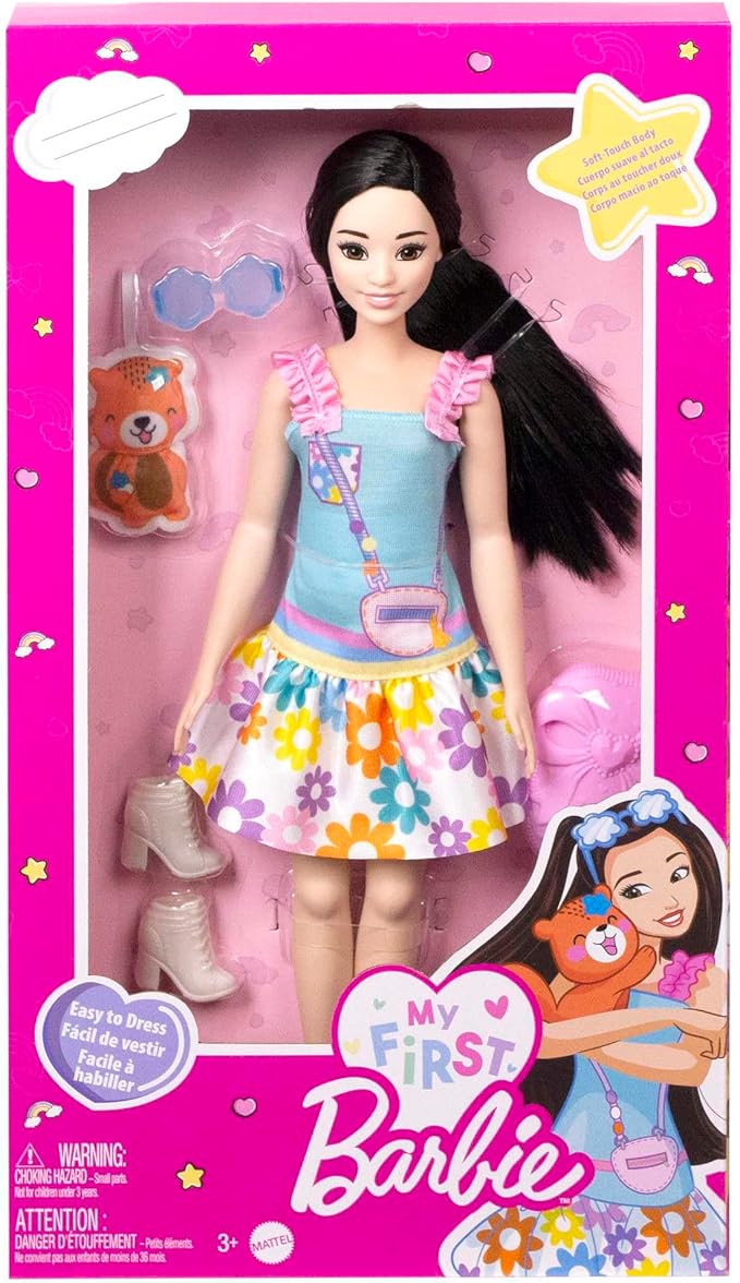 Barbie: My First Preschool Doll, Renee with 13.5-inch Soft Posable Body & Black Hair, Plush Squirrel & Accessories