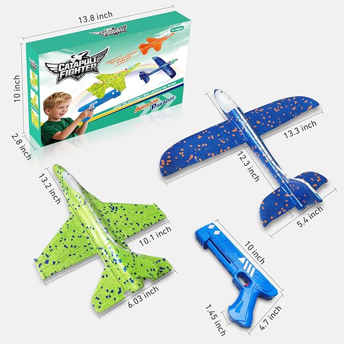 3 Pack Airplane Launcher Toys, 13.2 inch LED Foam 2025 J-15 Fighter Jet & Glider Catapult Plane for Boys, Flying Toys Birthday Halloween for Boys Girls 4 5 6 7 8 9 10 11 12 Year Old
