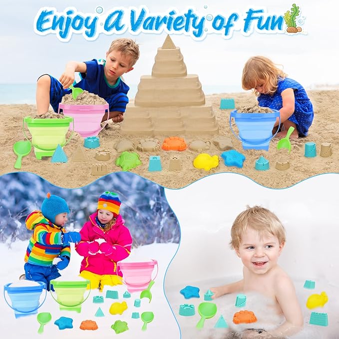 Collapsible Foldable Beach Sand Buckets and Shovels Set - Beach Toys for Kids with Mesh Bag & Sand Molds, Silicone Beach Sand Pails for Travel, Kids and Toddlers