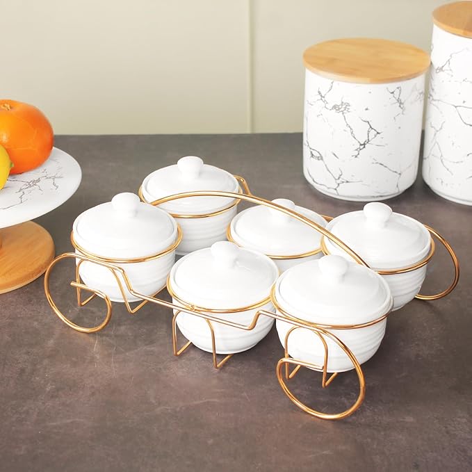 Ceramic Candy Bowls, Condiment/Sugar bowls gold basket Tray, 6 Removable small bowls With cover, For Snack, Dried fruits, nuts, candies and condiments - for parties, Holiday gift