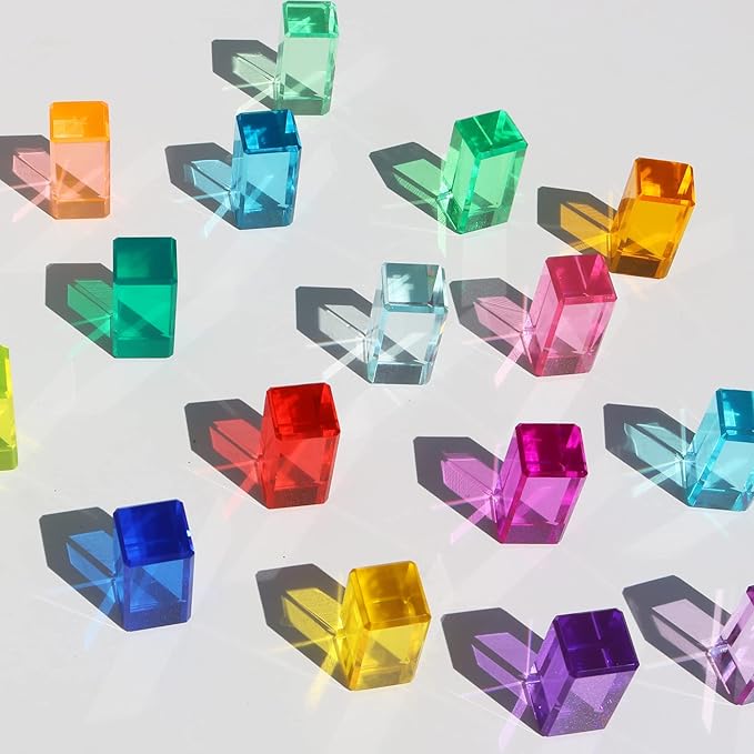 Rainbow Crystal Acrylic Strip Blocks Rectangle Stacking Gem Cubes for Kids - 16 Colors Educational Sensory Light Learning Toys (16PCS)