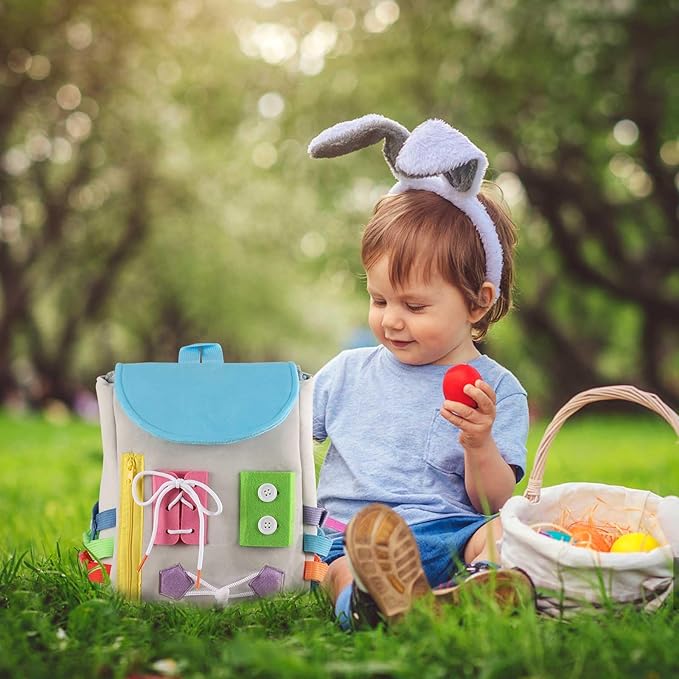 Busy Board - Toddler Backpack with Buckles and Learning Activity Toys - Develop Fine Motor Skills and Basic Life Skills - Learn to Tie Shoes - Children's Travel Toy (Grey)