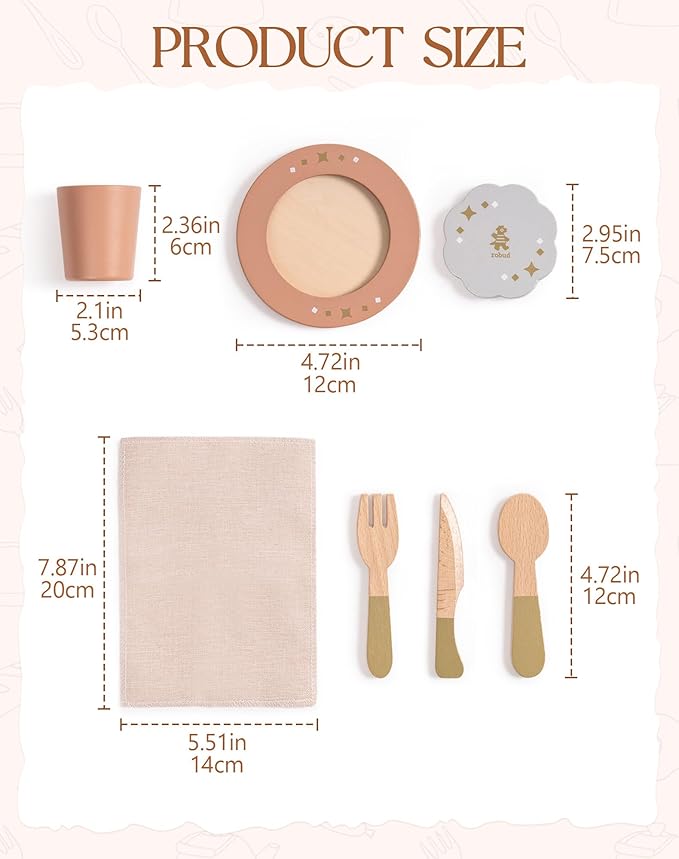 ROBUD 4-Set Wooden Play Dishes Set - Montessori-Inspired Play Food Accessories for Kids, Pretend Play Kitchen Set for Toddlers, Role Play Gift for Boys and Girls