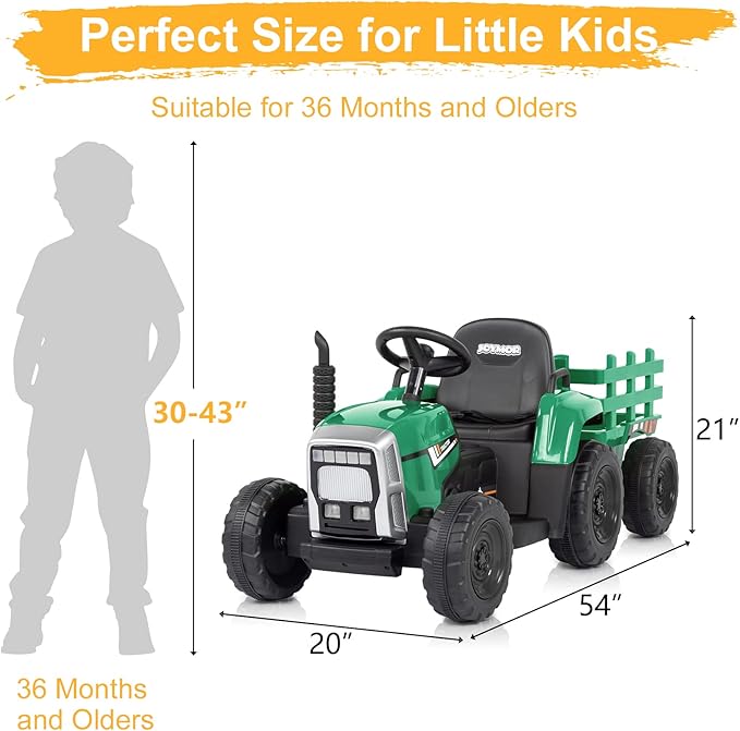 JOYMOR Ride on Tractor with Remote Control, 25W Motors Electric Tractor with Trailer for Toddler, 12V Battery Powered Ride on car Toy for Boys and Girls