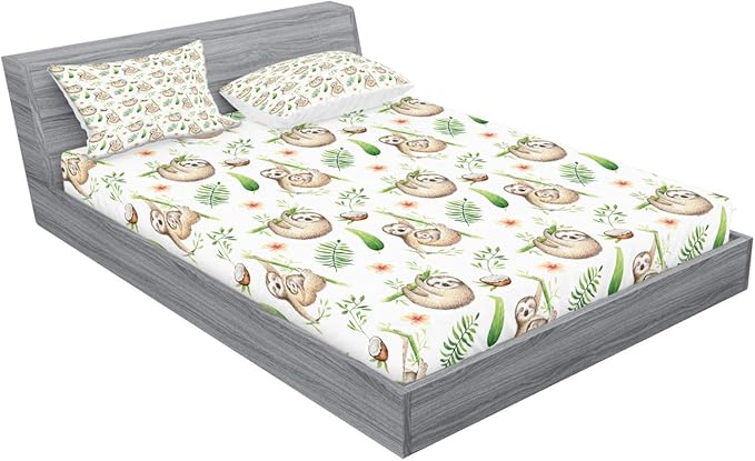 Ambesonne Sloth Fitted Sheet & Pillow Sham Set, Sloth and Mother Soft Colored Flowers Coconut Tree Leaves Happy Family, Decorative Printed 2 Piece Bedding Decor Set, King, Pale Brown Green