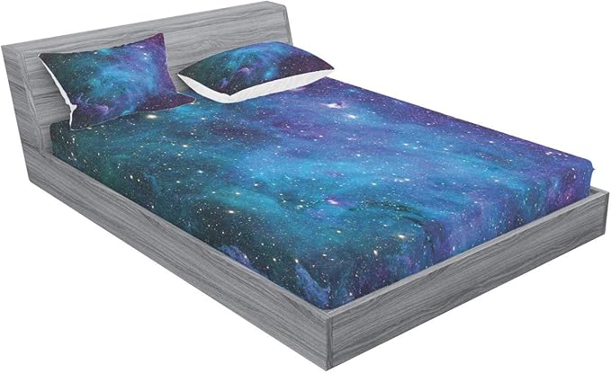 Ambesonne Outer Space Fitted Sheet & Pillow Sham Set, Galaxy Stars in Space Celestial Astronomic Planets in The Universe Milky Way, Decorative Printed 3 Piece Bedding Decor Set, Full, Navy Blue