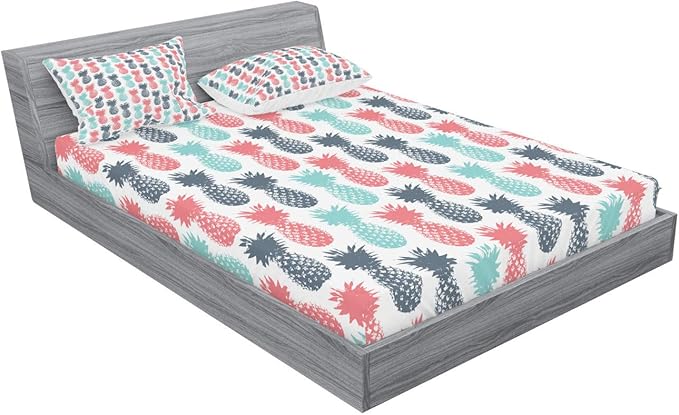 Ambesonne Pineapple Fitted Sheet & Pillow Sham Set, Island Pineapple Tropic Fruit Pattern Stamped Minimal Backdrop Pop Art, Decorative Printed 3 Piece Bedding Decor Set, Full, Turquoise White Coral