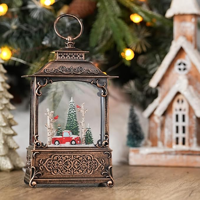 Christmas Snow Globes with Red Truck, Light Up Snow Globes with Music Timer - USB Plug or Battery Operated Glitter Globe Indoor Christmas Decorations