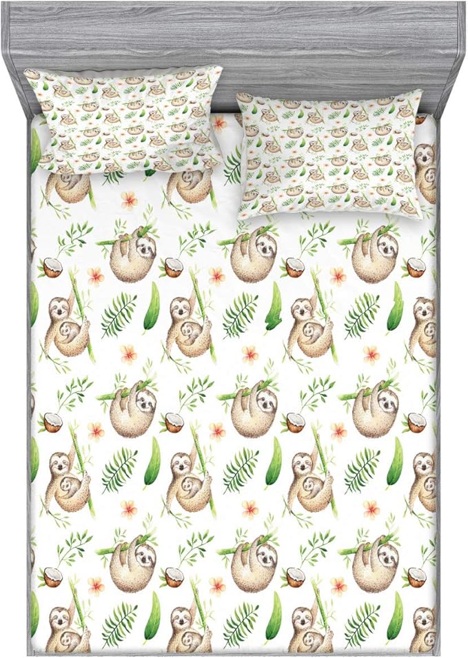 Ambesonne Sloth Fitted Sheet & Pillow Sham Set, Sloth and Mother Soft Colored Flowers Coconut Tree Leaves Happy Family, Decorative Printed 2 Piece Bedding Decor Set, Full, Pale Brown Green