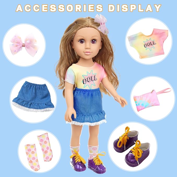 18 Inch Girl Doll Playset with Doll Clothes and Accessories Including 18 Inch Doll T-Shirt Denim Skirt Shoes Handbag Socks Bow Headwear for Little Girl