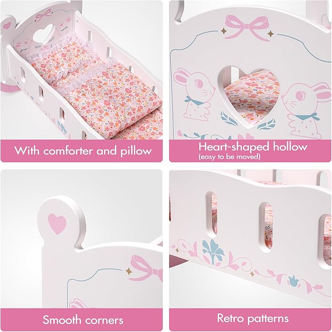 ROBOTIME Wooden Baby Doll Crib, Doll Cradle Bed for 18-24 Inch Dolls, Baby Doll Crib Set with Blanket and Pillow, Toy Doll Bed for Girls Ages 3+