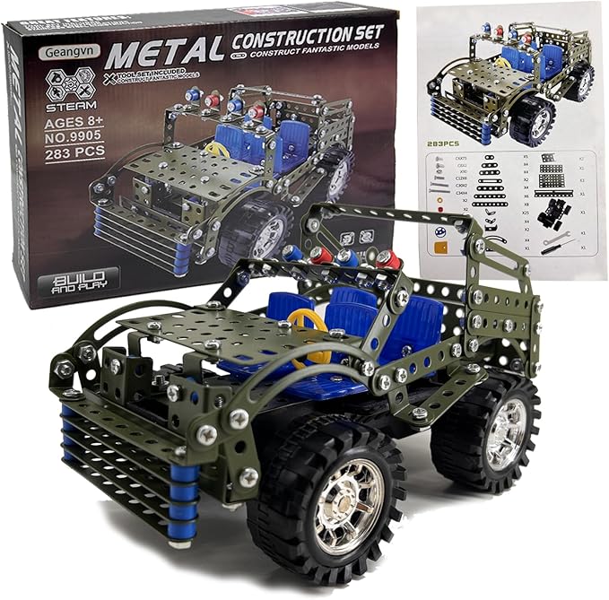 Metal Model Car Kits - 283 Pcs Erector Sets for Boys Age 8-12, Building Toys, STEM Kits for Kids Age 8-10, Assembly Jeep Project Army Toys for Ages 14 and Up, Gifts for 15 16 Year Old Boys and Adults