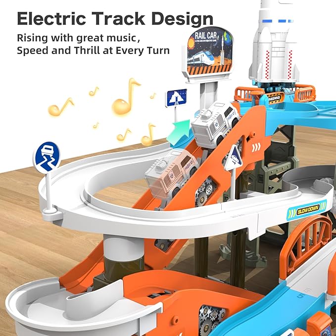53PCS Space High-Speed Rail Adventure Track Set-Electric Elevator, Rotating Slide, 3 Mini Police Cars & Train, Lights & Music, Interactive Adventure Playset Fun for Kids 3+, Ideal Gift